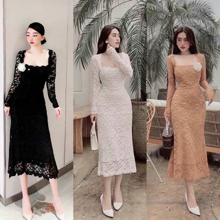 Đầm body ren tay dài cổ vuông kèm hoa ngực