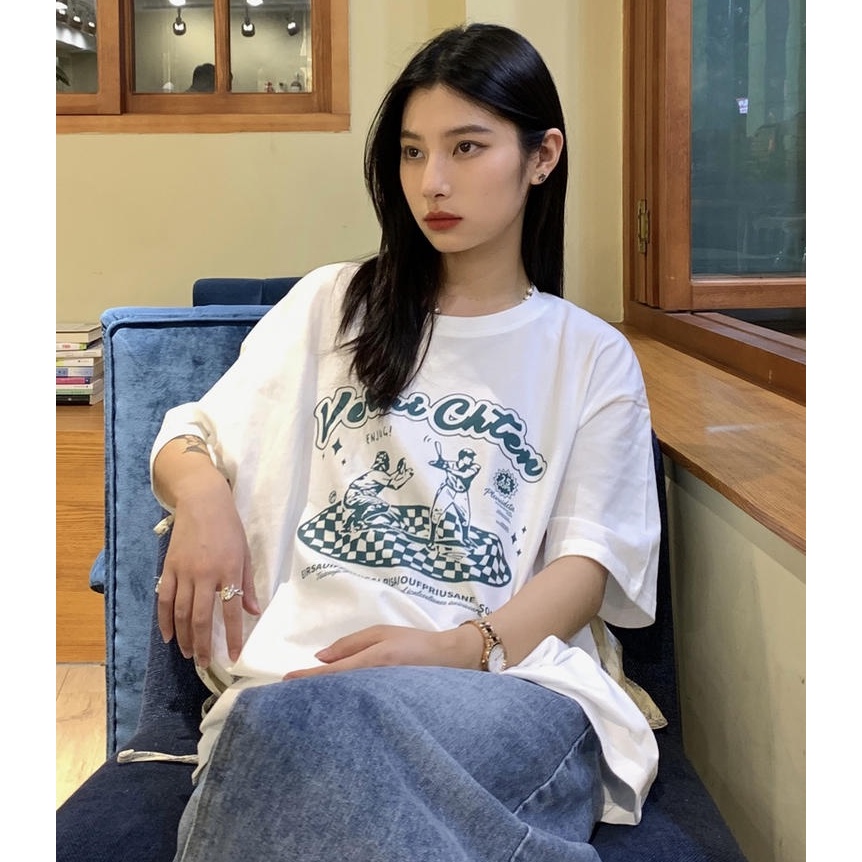 Áo Thun Tay Ngắn Cổ Tròn In Chữ Dáng Rộng 50089