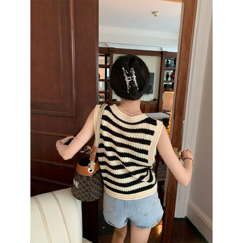 Áo Tank Top Dệt Kim Dáng Rộng Kẻ Sọc Kiểu Hàn Quốc Thời Trang Cho Nữ