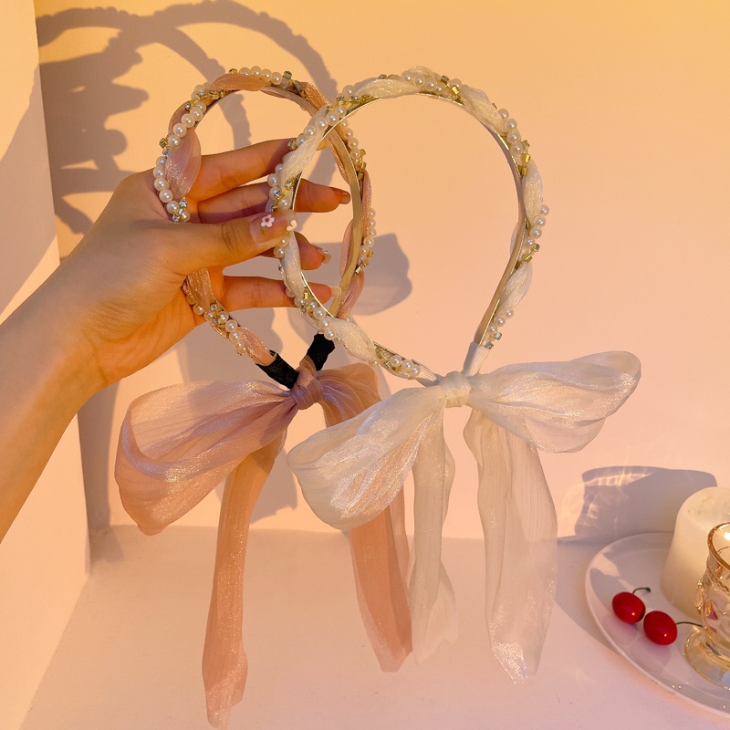 Băng Đô Buộc Tóc Bằng Lụa Đính Ngọc Trai Nhân Tạo Cho Nữ