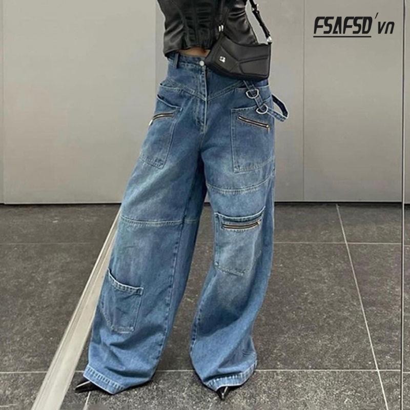 Quần Jean Nữ Lưng Cao Ống Đứng Nhiều Túi Phong Cách Âu Mỹ