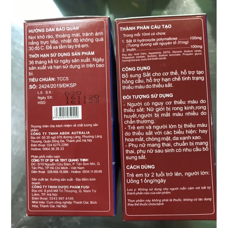 Sắt Dạng Ống Nước FEROLIN - Hộp 20 ống - Bổ sung Sắt và Vitamin B12