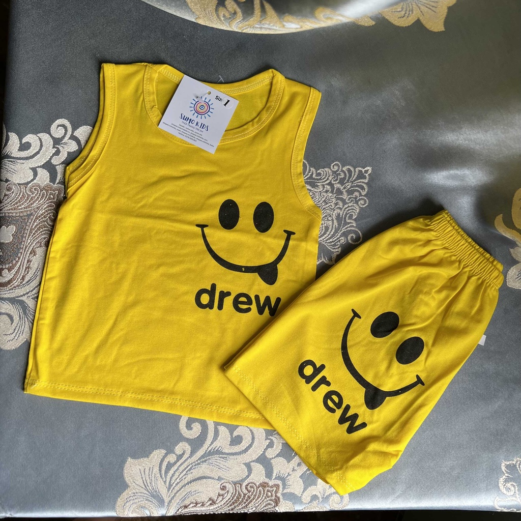 Bộ ba lỗ cho bé trai in miệng cười drew, sét đồ sát nách hè cho bé gái từ 8-18kg - SUMO KIDS