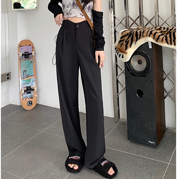 QKOOLE  Bộ Áo Vest Lưng Cao + Quần Dài Ống Rộng Thời Trang Hàn Quốc Thanh Lịch Cho Nữ