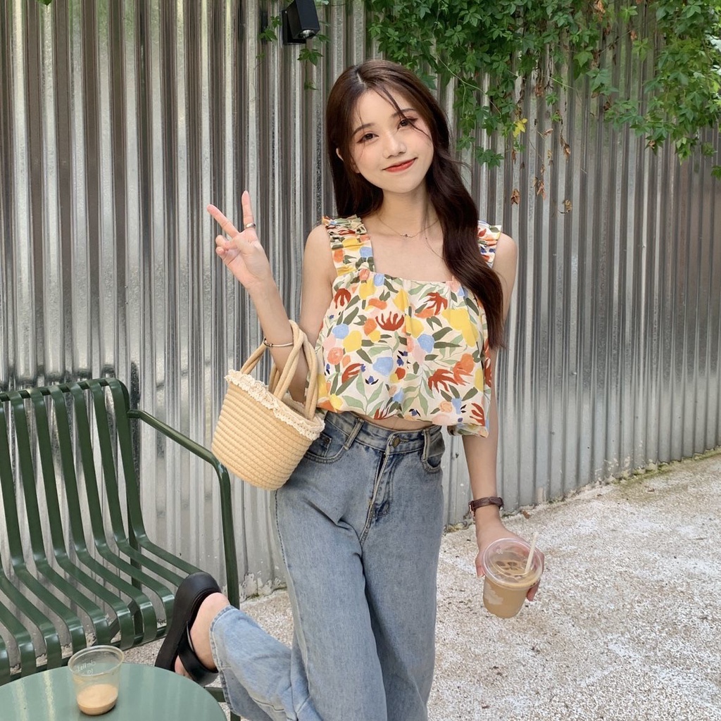 Áo Hai Dây Dáng Ôm In Hoa Thời Trang Mùa Hè Phong Cách Hàn Quốc Cho Nữ