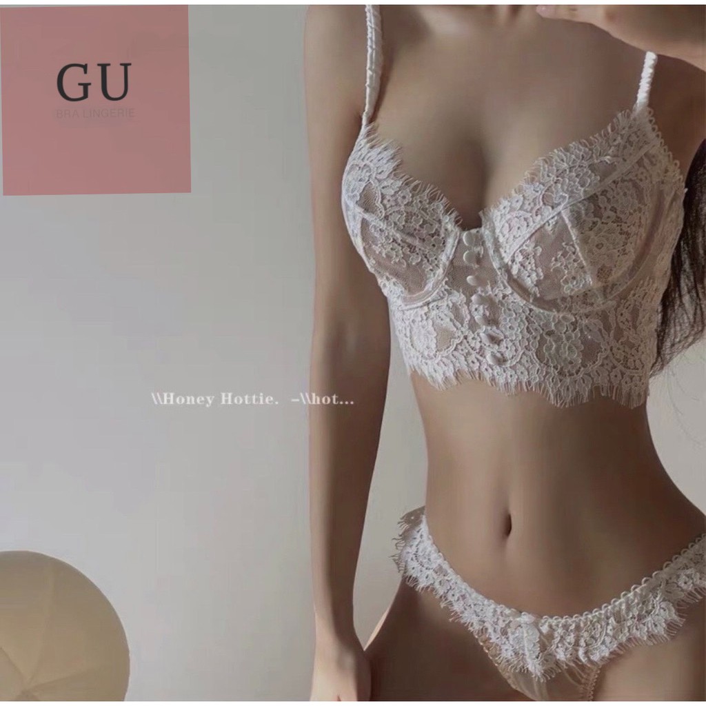 Bộ Bralette Có Gọng Nâng Đỡ Ngực Không Độn Mix Cúc Giữa Ren Mềm Sexy Phối Quần Lọt Khe Gu Bra - B08