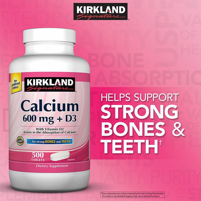 Kirkland Calcium 600mg With Vitamin D3 giúp xương chắc khỏe, chống loãng xương (Chai 500 viên)