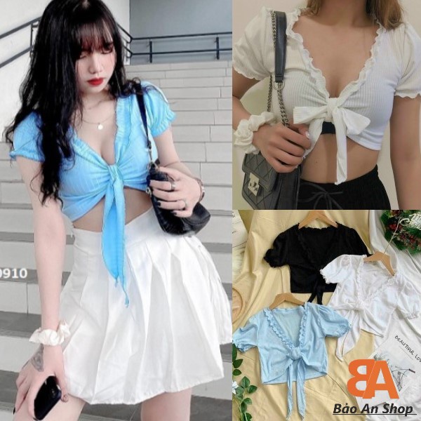 Áo croptop nữ thun gân len kiểu cột nơ viền bèo