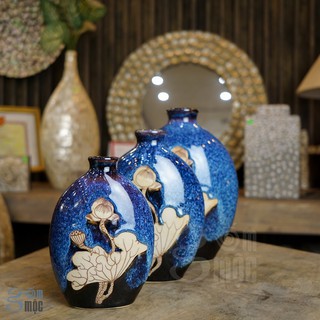 Bình hoa Bát Tràng men hỏa biến xanh đá khắc sen nâu, dáng dẹt