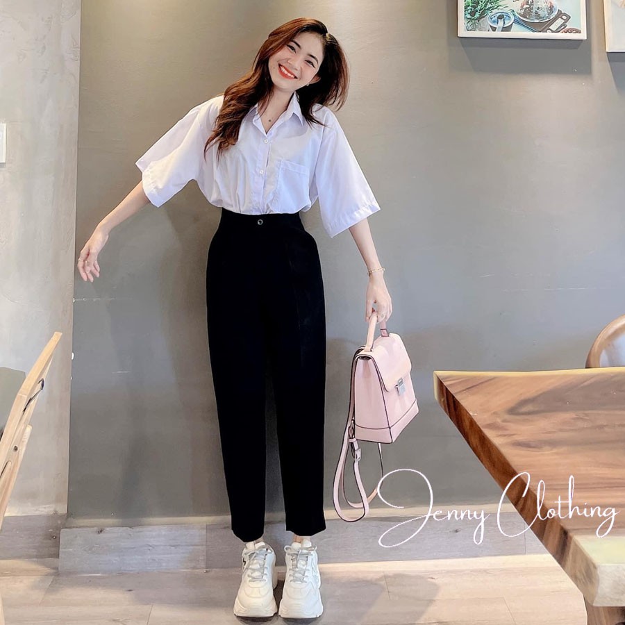 Áo sơ mi nữ form rộng cộc tay kiểu dáng basic màu trắng mặc đi học sinh viên công sở thấm mồ hôi cực tôn dáng