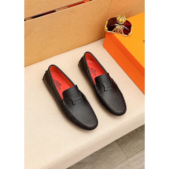 Giày lười nam da thật thương hiệu Hermes HM cao cấp màu đen trơn