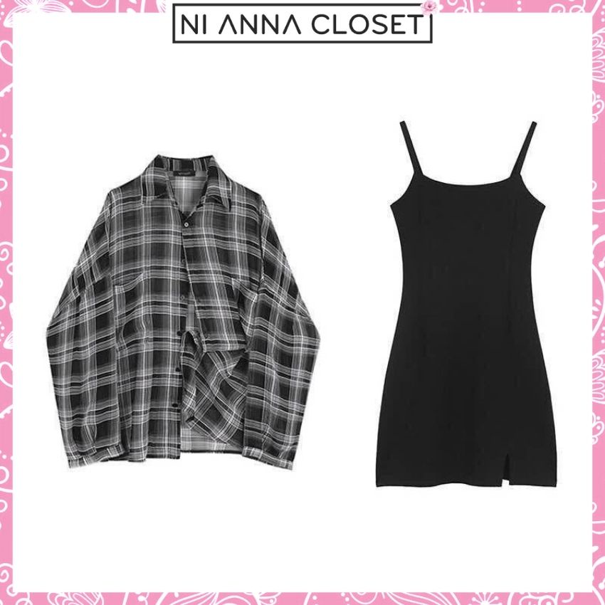 Set Đồ Nữ Style Hàn Quốc Đầm Váy Nữ Body Hai Dây Áo Khoác Nữ Form Rộng Caro NI011 Ni Anna Closet