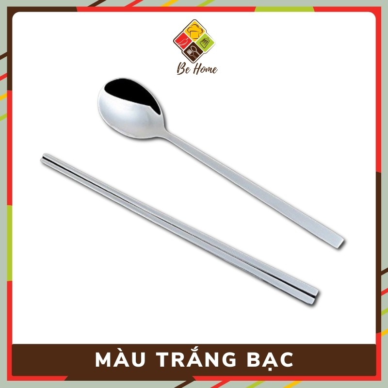 Bộ Đũa Thìa Inox BEHOME Đũa inox cán dài Thìa ăn cơm dẹt Hàn Quốc Sang Trọng - Chống trơn trượt [HÀNG CAO CẤP]