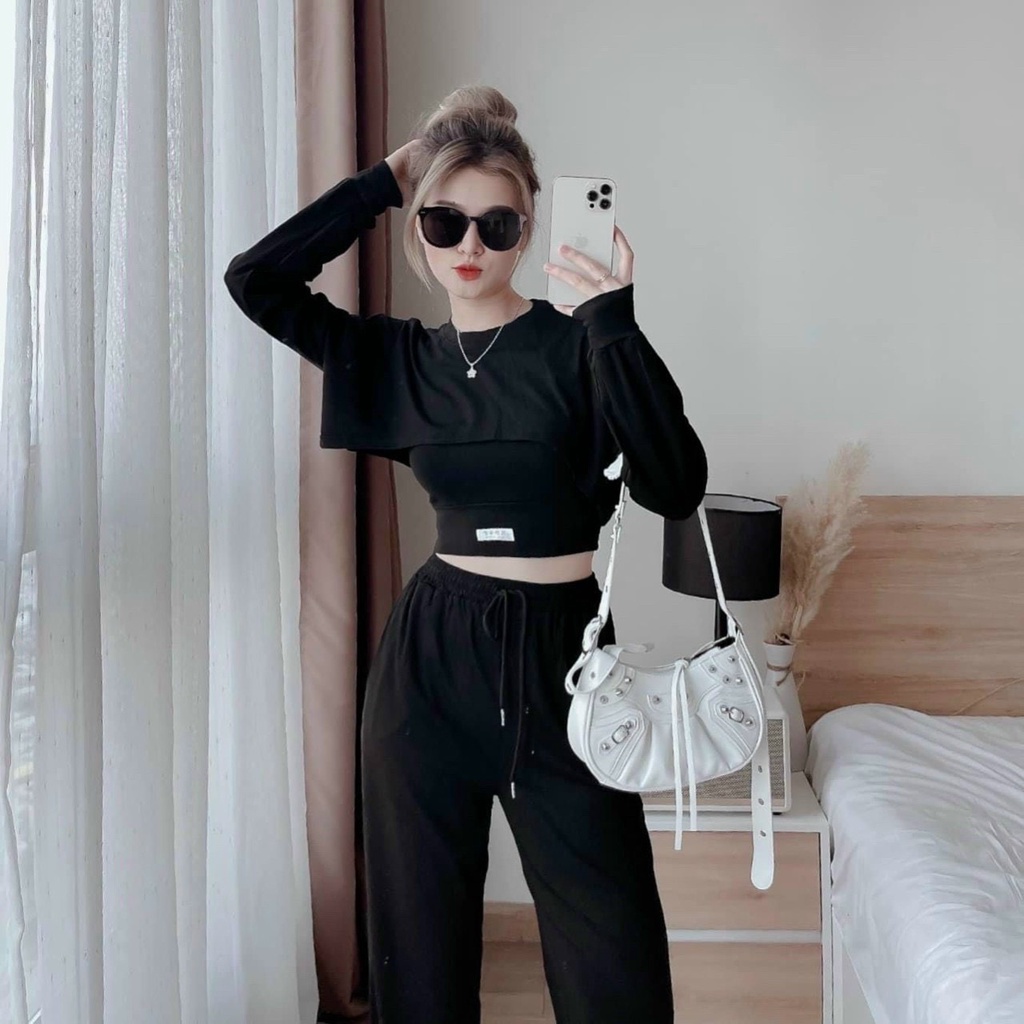 Sét bộ đồ nữ thể thao cotton co giãn trẻ trung tôn dáng họa tiết áo tay dài croptop siêu xinh