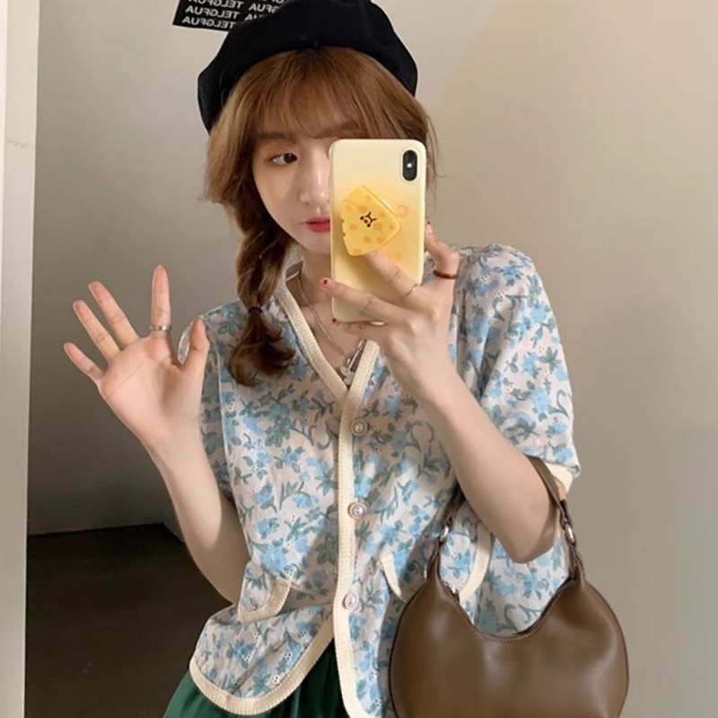 Set Áo Sơ Mi Ngắn Tay Thêu Họa Tiết Và Chân Váy Lưng Cao Phong Cách Hàn Quốc