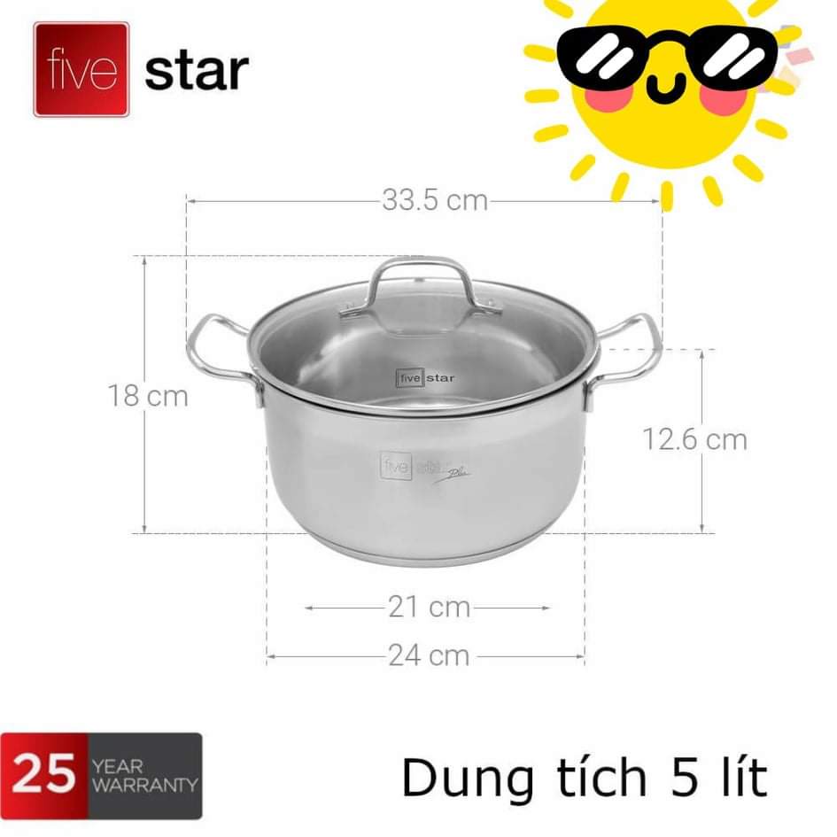 Bộ Nồi chảo 5 Đáy Inox 304 Cao Cấp Bếp Từ Fivestar Plus FPB55D001 Nắp Kính