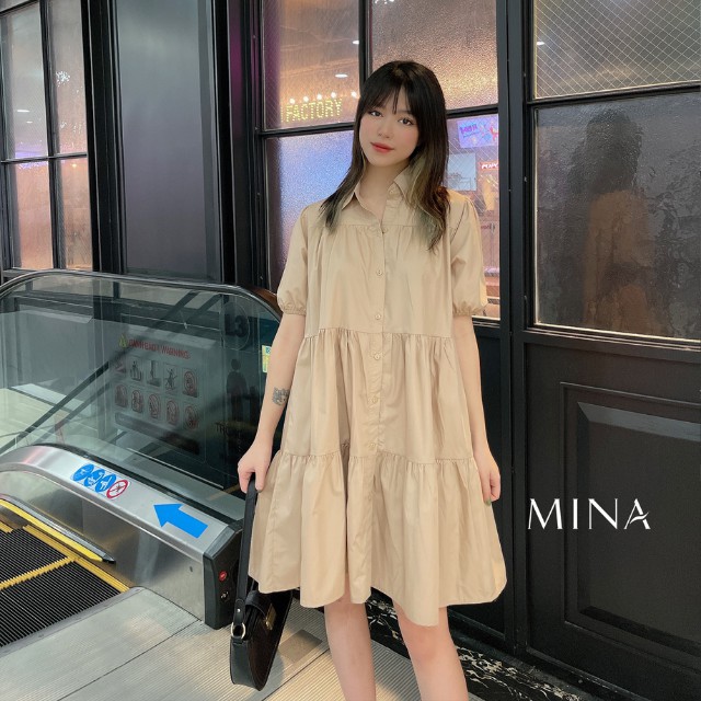 Váy babydoll dáng dài, tay phồng, cổ sơ mi vải thô mịn mát/ Đầm bầu babydoll trắng, hồng, nâu Hàn Quốc (sẵn/ ảnh thật) | BigBuy360 - bigbuy360.vn