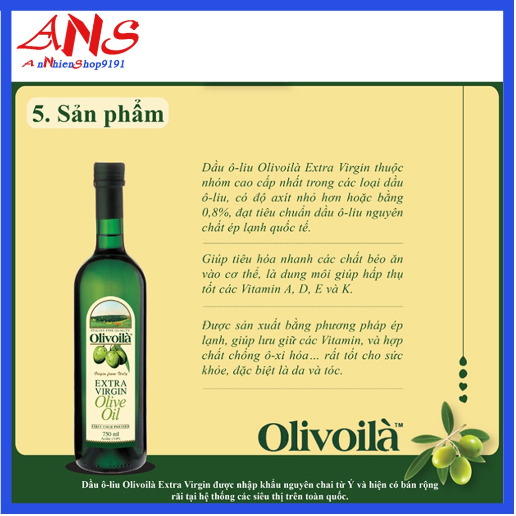 [Mã GROADO2 giảm 10% đơn 150K] Dầu oliu olive nguyên chất Olivoila Extra Virgin 250ml