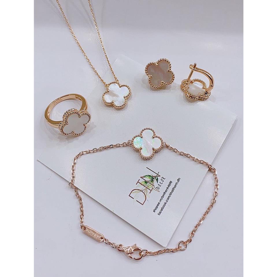 Combo Dây Chuyền, Bông Tai, Nhẫn, Lắc Tay Bạc Xi Vàng Cao Cấp Hình Hoa Đá - Hồng Thái Jewerly