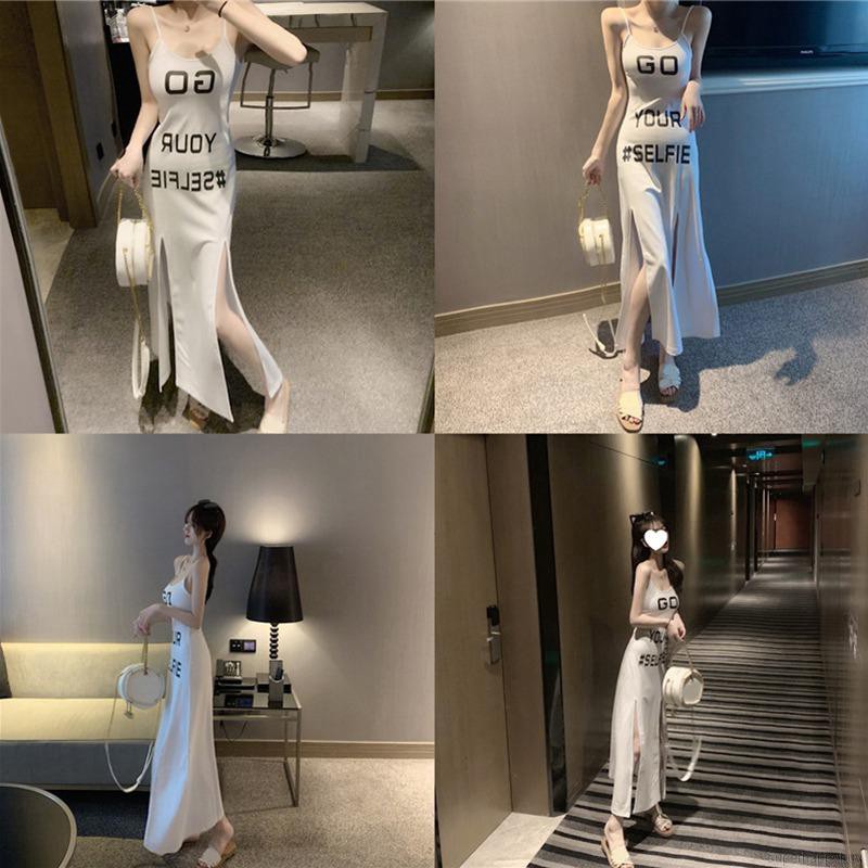 Đầm hai dây dáng dài in chữ xẻ tà cao quyến rũ cho nữ | BigBuy360 - bigbuy360.vn