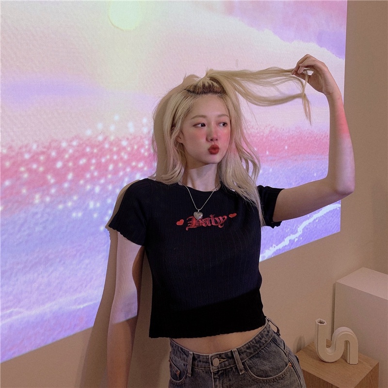 Áo Thun Dệt Kim Tay Ngắn Dáng Ôm Thời Trang Hàn Quốc Cho Nữ