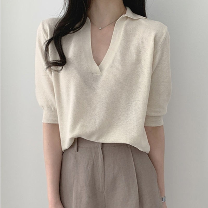Bella Áo Sweater Lụa Mỏng Tay Ngắn Cổ Polo Phong Cách Retro | BigBuy360 - bigbuy360.vn