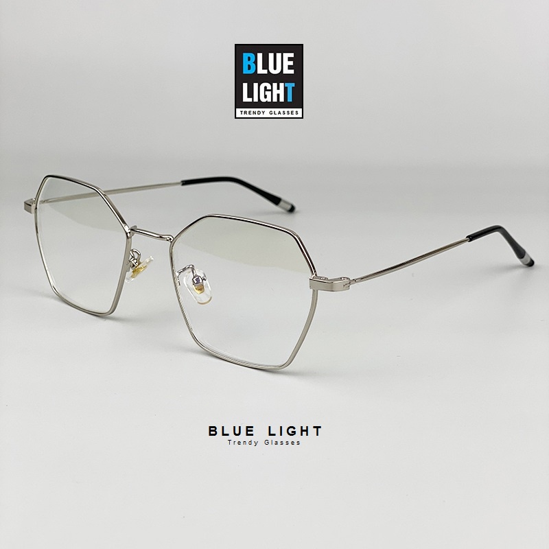 Gọng Kính Cận, Kính Giả Cận Nam Nữ, Mắt Đa Giác, Gọng Kim Loại Màu Bạc Hàn Quốc - BLUE LIGHT