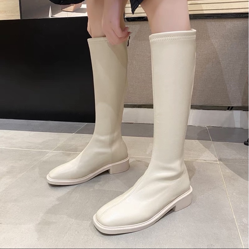 Bốt đùi nữ bốt cổ cao da mềm kéo khoá đế thấp thời trang