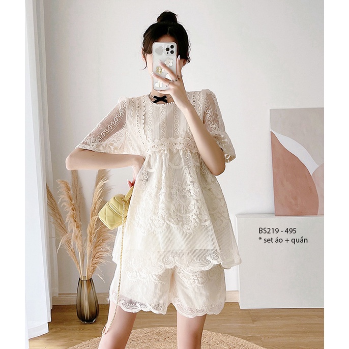 Young Mom | Set đồ bộ bầu BS219 màu Kem gồm áo + quần đùi bầu, chất liệu ren thêu cao cấp + có lót lụa bên trọng, hàng n
