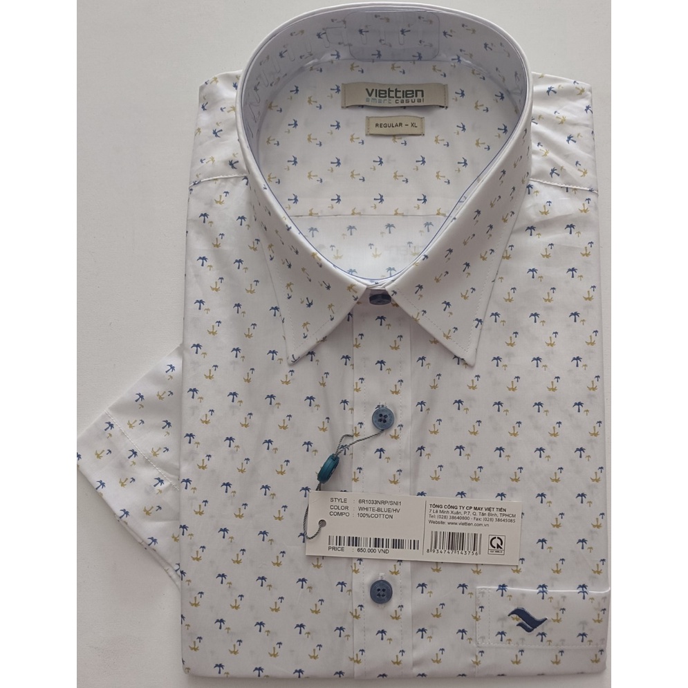 Viettien Áo sơ mi nam Việt Tiến Smart Casual ngắn tay vạt ngang xẻ sườn Mã 6R1033NRP/SNI1 tự 100% Cotton