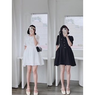 Đầm BBD nữ cổ tròn hàng nút ngọc tay ngắn phồng freesize Pumi