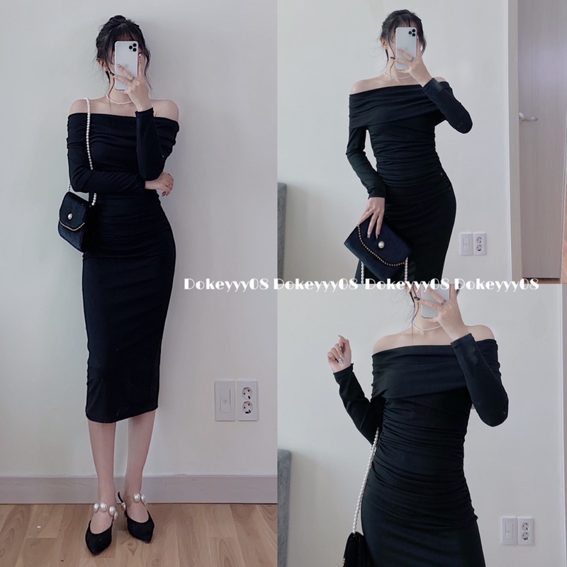 Váy body chất tăm co giãn dáng dài rúm eo