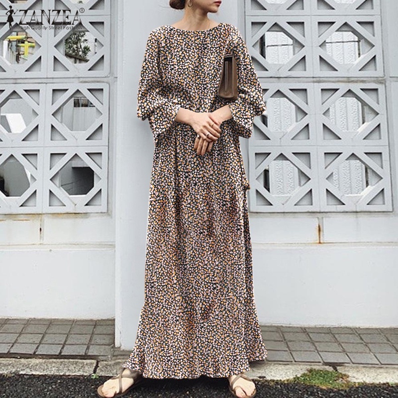 Đầm maxi Zanzea dài tay ống loe xẻ tà phong cách vintage thời trang cho nữ