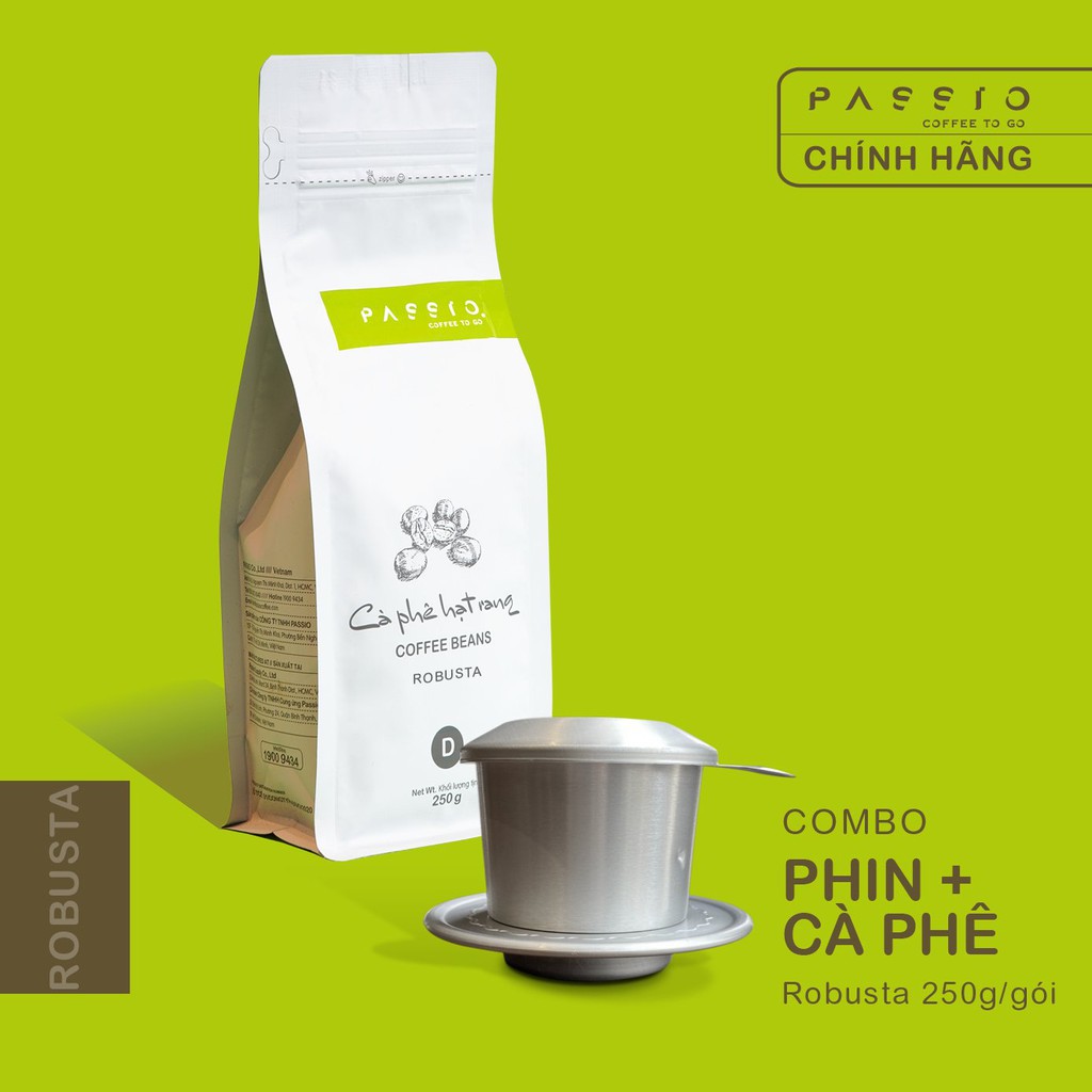 COMBO cà phê Robusta nguyên chất 100% rang mộc (250g) + Phin nhôm cao cấp - Passio Coffee