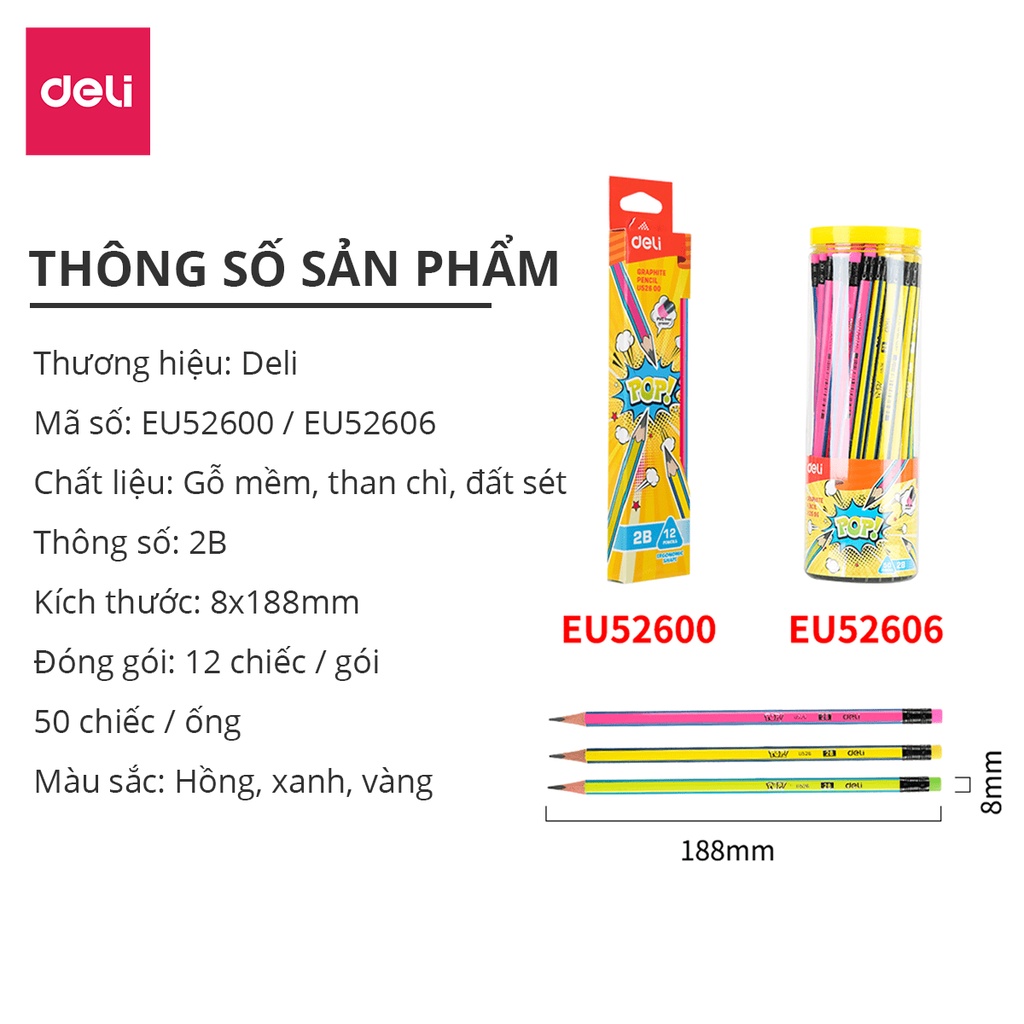 Hộp Bút Chì Graphite Pencil 2B - 12 chiếc/50 chiếc, Thân gỗ tam giác, Nhiều màu sắc, Kèm đầu tẩy cho Học sinh