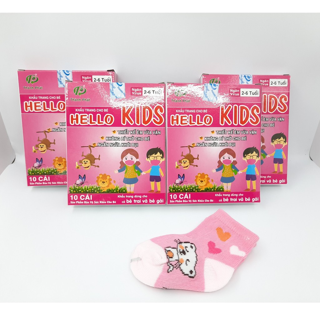 4 HỘP KHẨU TRANG TRẺ EM HELLO KID MÀU HỒNG (HỘP 10 CÁI) TẶNG ĐÔI 1 VỚ TRẺ EM