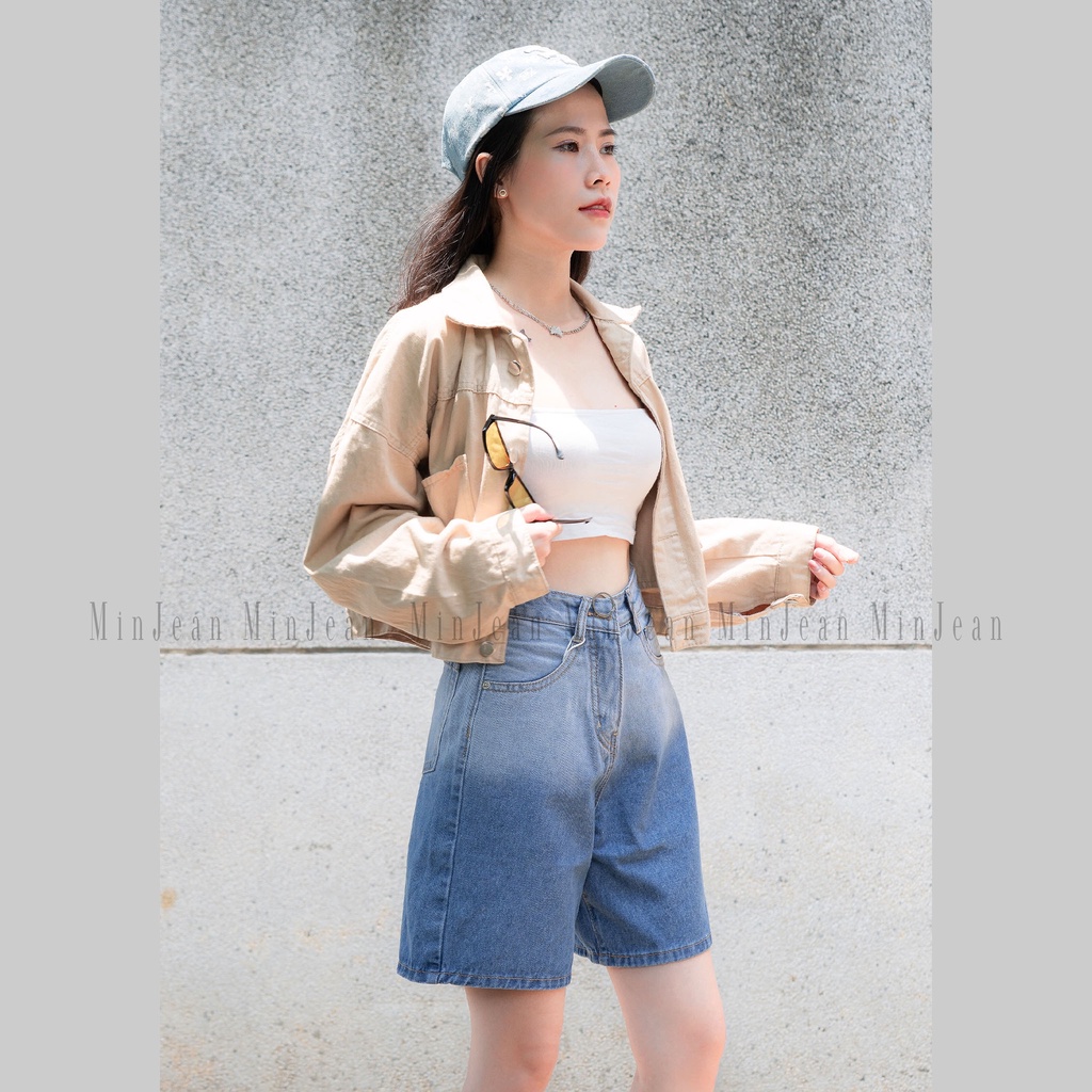 Quần Ngố Jean Nữ Lưng Cao Ombre MinJean M062 Tôn Dáng, Quần Lửng Nữ Loang Màu Lai Cuốn Vải Jean Không Co Giãn