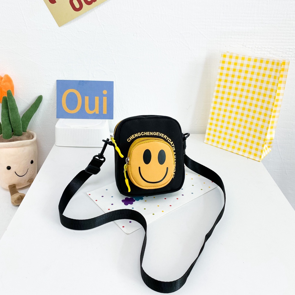 Túi Đeo Chéo Vai Hình Tròn Nhỏ Vải Canvas Họa Tiết Mặt Cười Hoạt Hình Dễ Thương Cho Trẻ Em