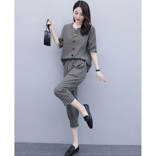 Bộ đồ nữ mùa hè kẻ ô vải mềm mịn phối cúc màu cực yêu
