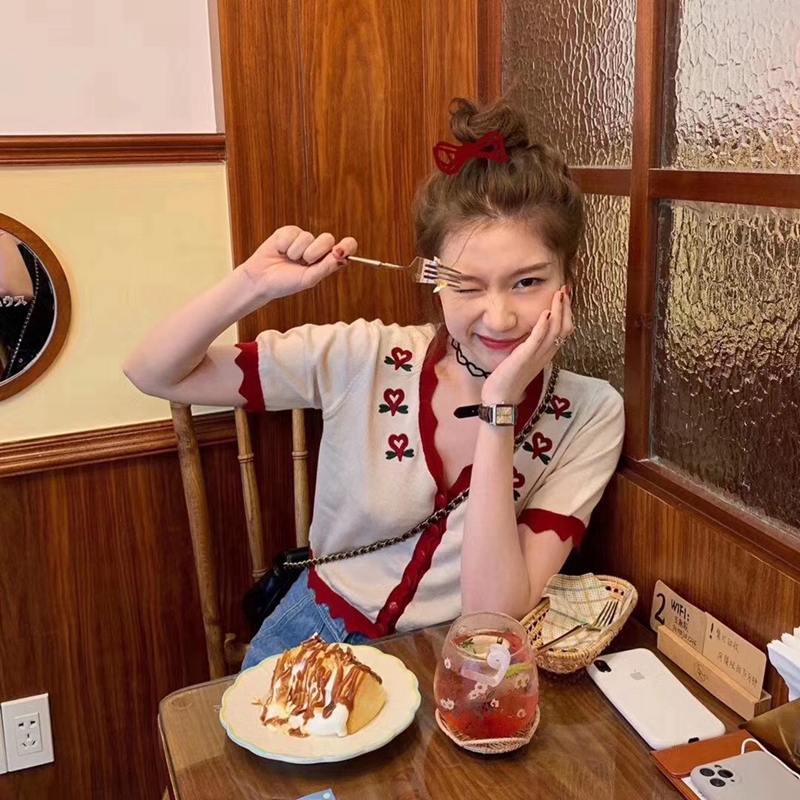 Áo croptop dệt kim ngắn tay thêu họa tiết phong cách retro cho nữ | BigBuy360 - bigbuy360.vn