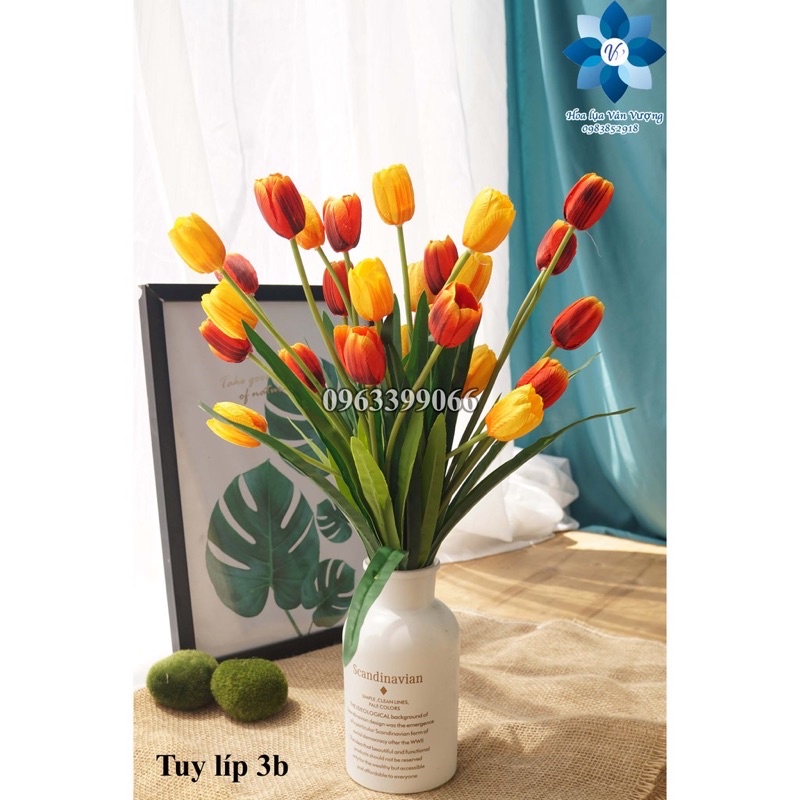 Hoa tulip  giả  cao su như thật _  cành 3 bông trang trí decor
