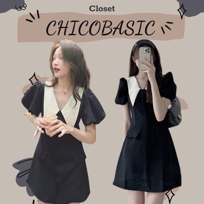 Đầm Váy Đen Cổ Chéo Trắng Túi Nắp Đầm Váy Chữ A