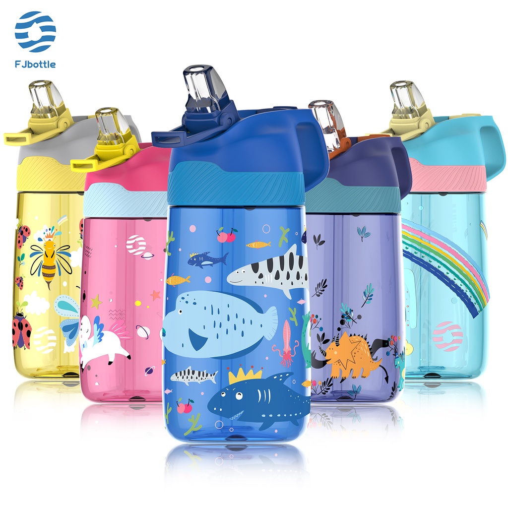 Bình Nước 450ml / 15oz Di Động Thân Thiện Với Môi Trường Có Nắp Đậy Và Ống Hút Không BPA Cho Trẻ Em
