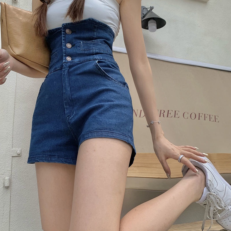 Net red ins super high waist bud denim shorts women's summer design feeling slim a-word bag hip wide leg hot pants