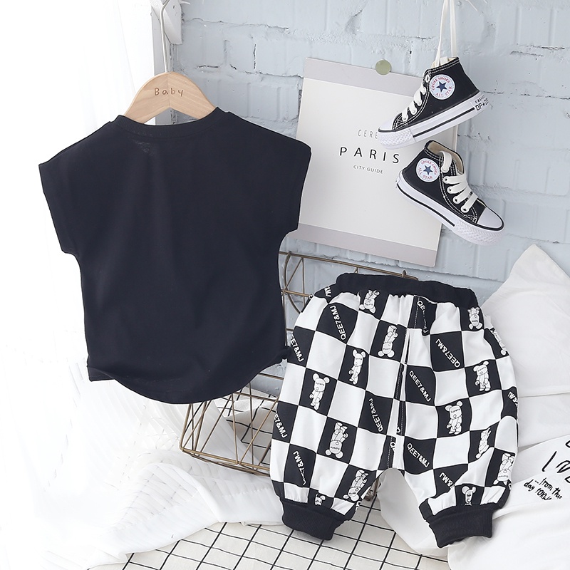 Bộ Áo Tay Ngắn In Chữ + Quần Short Vải Cotton In Họa Tiết Gấu Hoạt Hình Thời Trang Mùa Hè Cho Bé Kích Thước 80-120cm