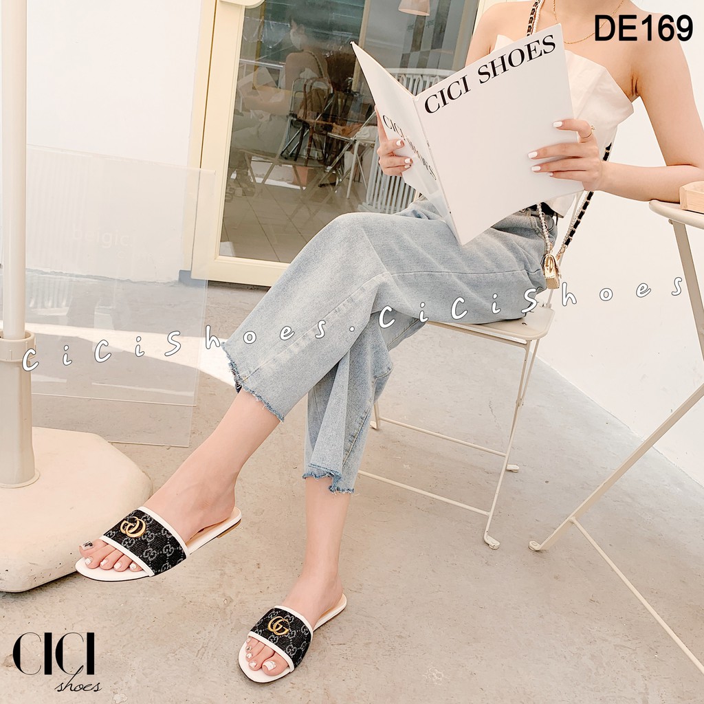 Dép bệt nữ CiCi Shoes mũi tròn, dép quai ngang vải khóa đồng - DE169