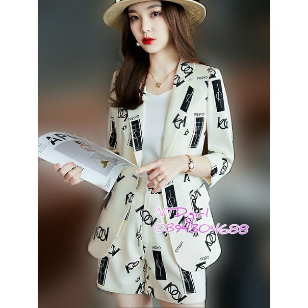 Hàng nhập - Set bộ vest nữ kaki lụa in họa tiết, sét đồ blazer công sở trẻ trung xinh đẹp
