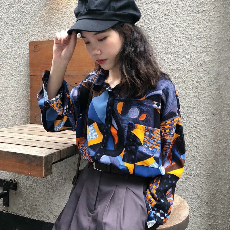 Áo Sơ Mi Nữ Tay Dài Form Rộng Unisex In Họa Tiết Màu