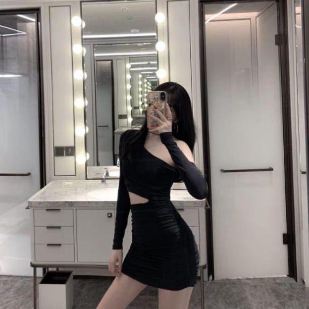 Đầm body trễ vai kiểu khoét eo thun Borip bao chất Free Size dưới 53kg dành cho nữ sexy gợi cảm  ྇