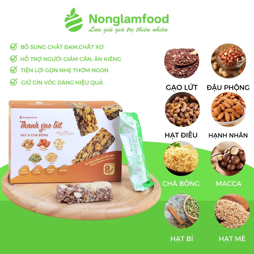Thanh gạo lứt ngũ cốc hạt và chà bông Nông Lâm Food hộp 8 thanh dinh dưỡng hỗ trợ giảm cân ăn kiêng hiệu quả.ho